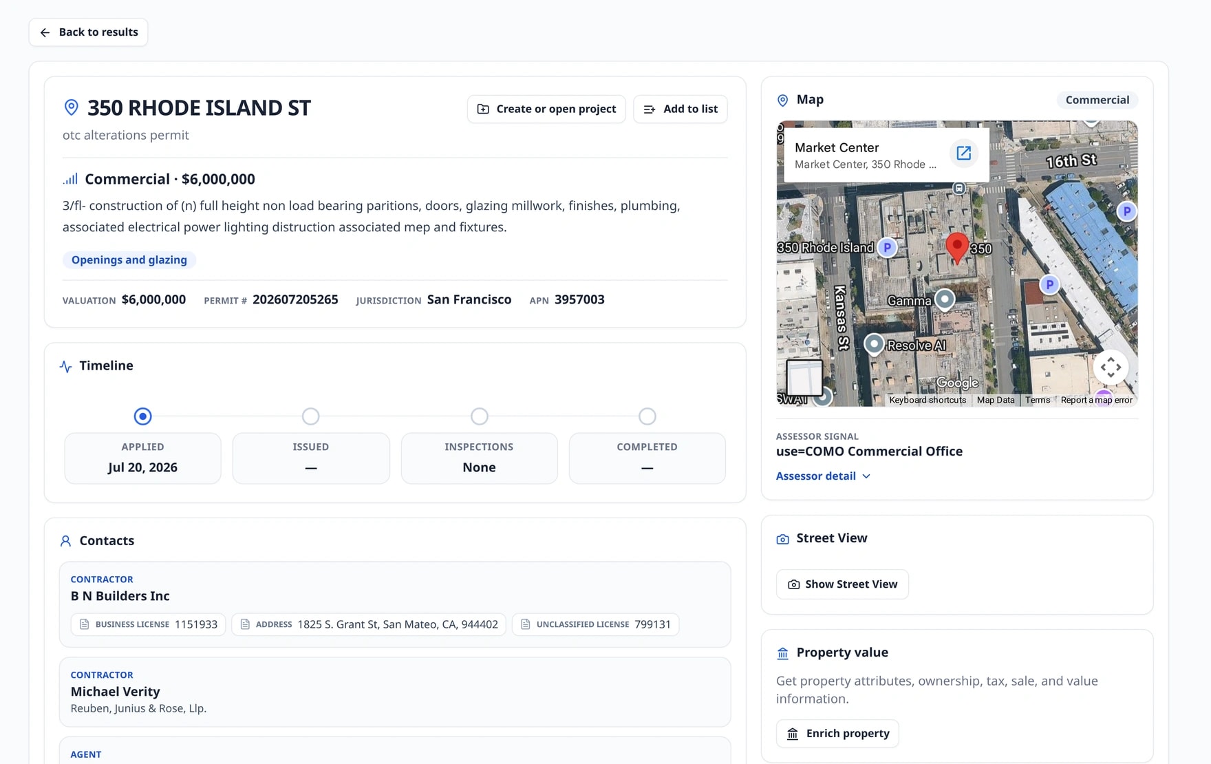 Pegasus permit detail with project scope, timeline, parties, licenses, map, and property context