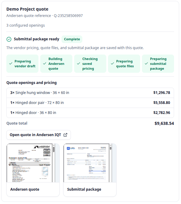 Pegasus quote workspace with configured openings, vendor pricing, quote total, and a completed submittal package
